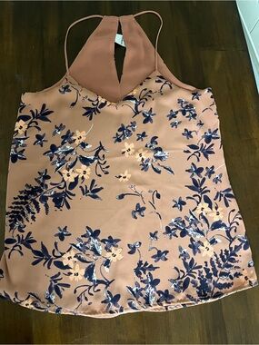 Express XS Floral Halter Satin Tank Top - Blush with Navy Floral